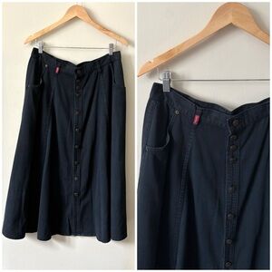 90s Vintage Canadian Black Denim Western Bohemian Button Front Full Maxi Skirt